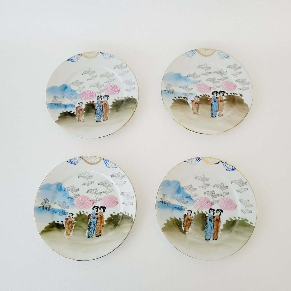 Japanese Kutani Geisha Girls Bread Plate Set of 4, Vintage Hand Painted Porcelai